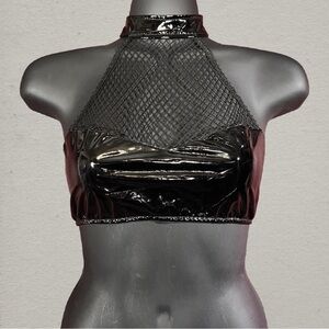 SOLD: Black PVC / Patent Fishnet Halter Top Buckle Back Goth Cyber L